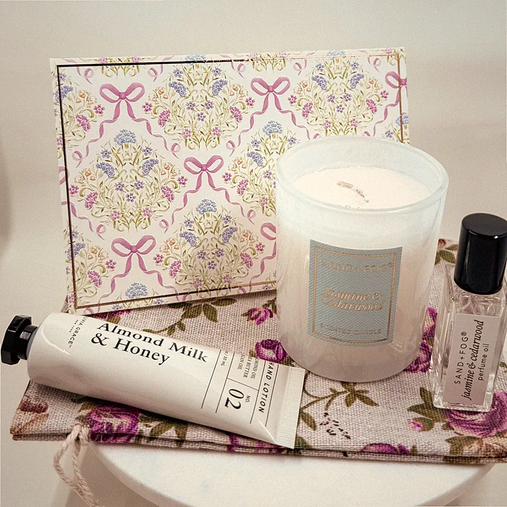 Sand + Fog Jasmine & Cedarwood 5pc GiftCandle, Perfume Rollerball, Hand Cream