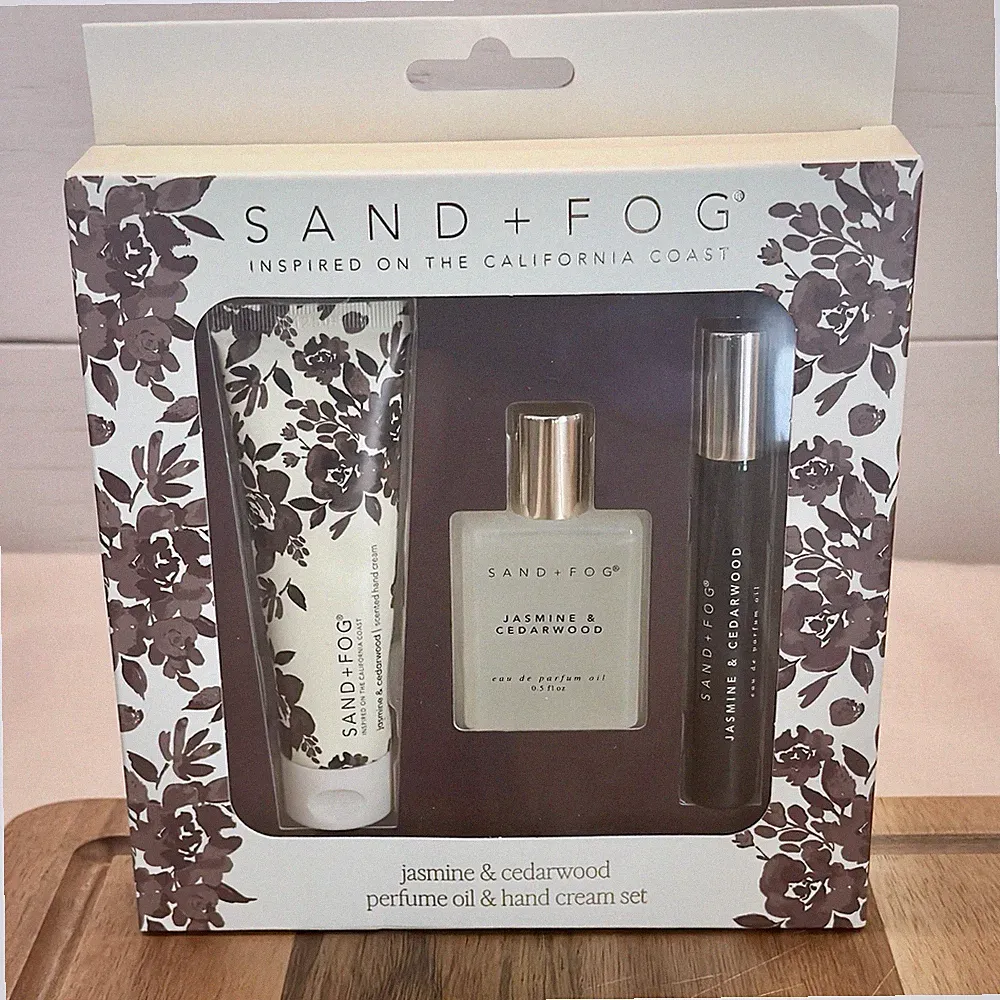 Sand + Fog Jasmine & Cedarwood Perfume Oil Roller Hand Cream 3pc Viral Gift Set